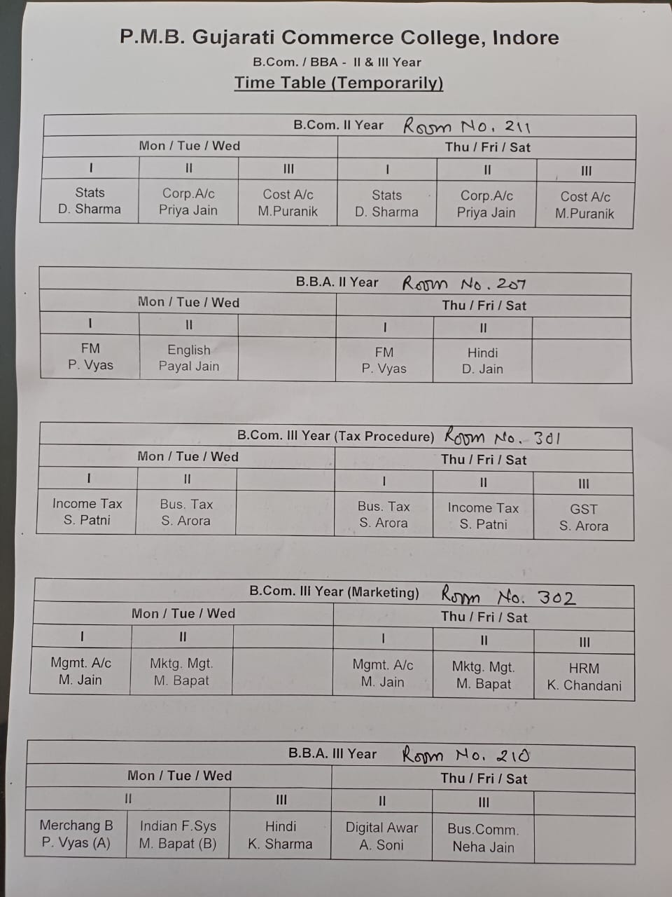 Time Table II Year